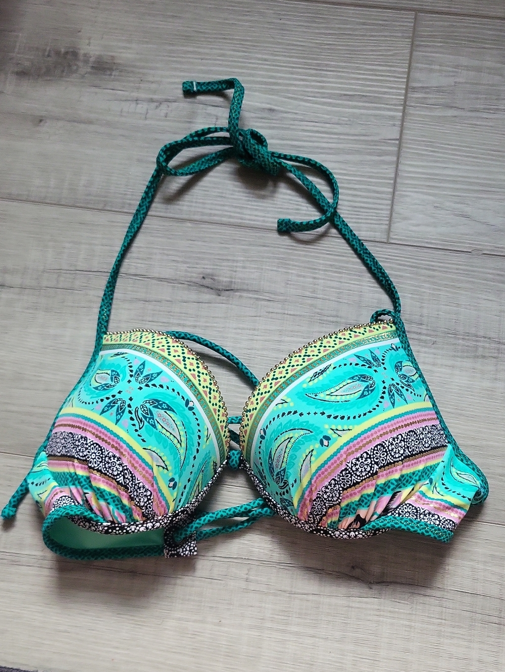 NWOT teal and pink with gold detail bikini top